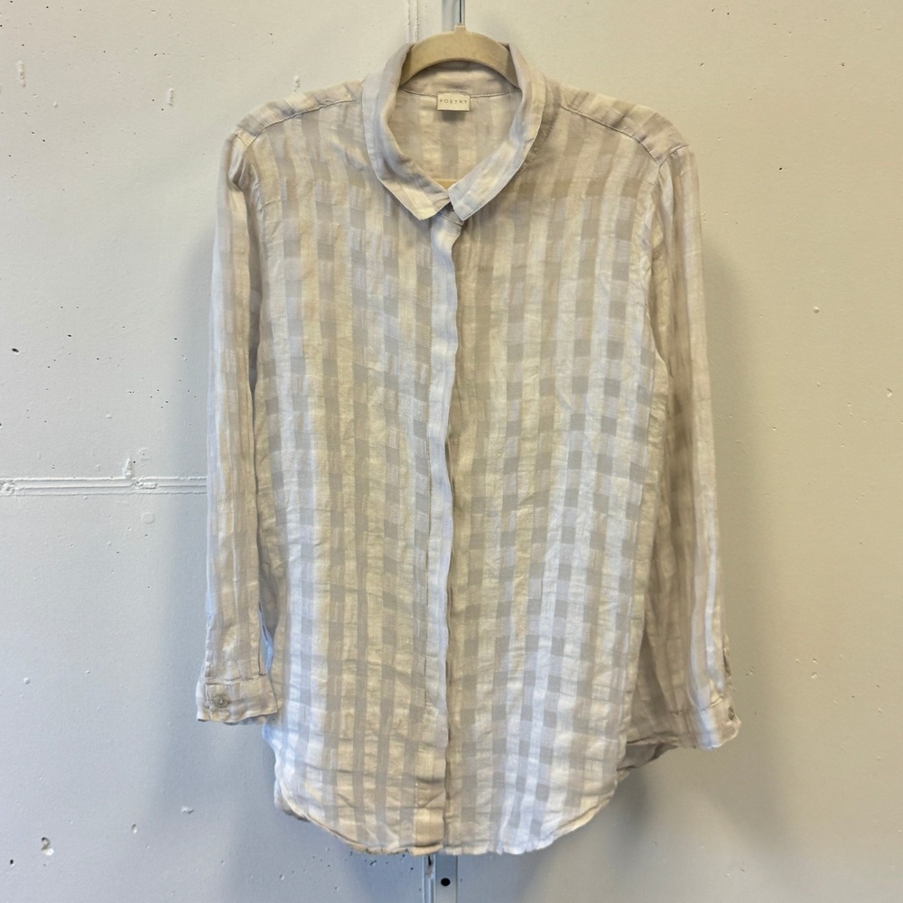 Poetry Neutral Windowpane Check Sheer Linen Blend Button Up Blouse Top Off White
